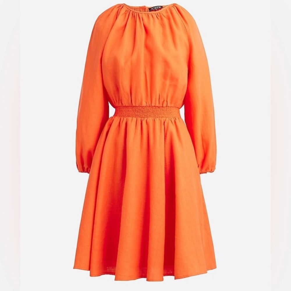 NEW J.‎ Crew Palermo Dress Orange Linen Smocked Waist Long Sleeve Womens Small